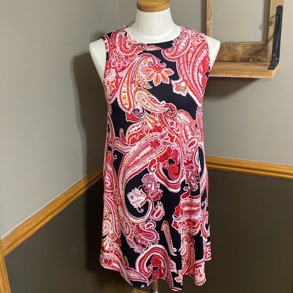 Apt. 9 black red & orange paisley sleeveless shift dress size Petite small